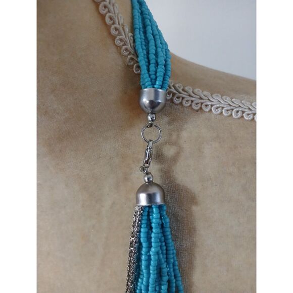 Vintage teal 34" multi-strand tiny glass? seed bead necklace silver accents boho - Picture 3 of 5